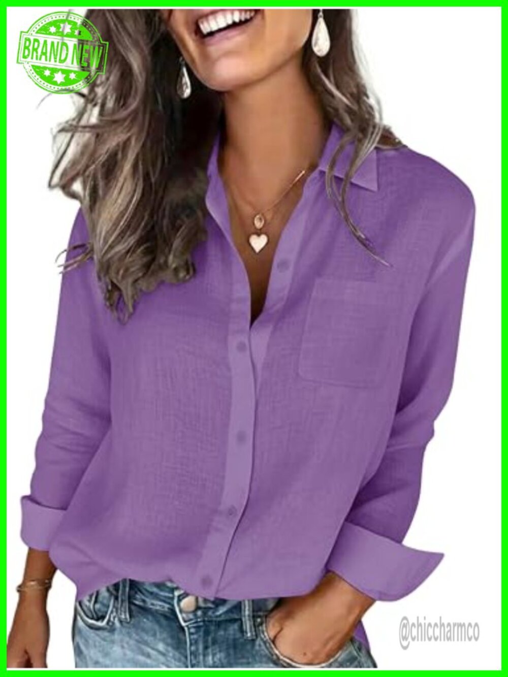 Womens Cotton Linen Textured Shirt Long Sleeve Button Down Blouse with Pocket